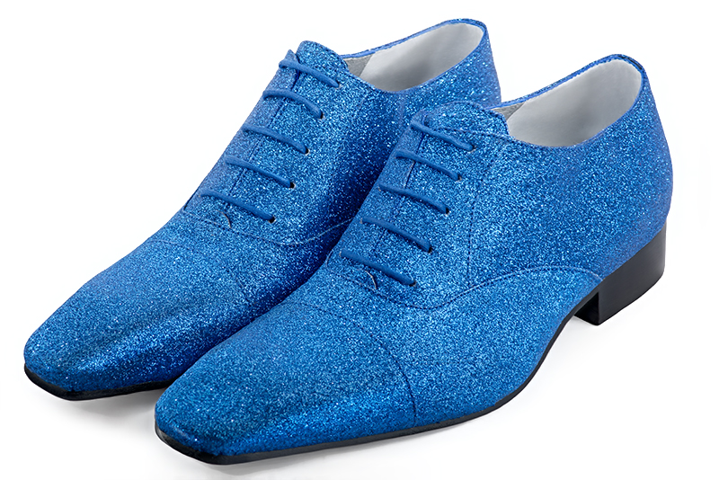 Electric blue women's elegant sneakers. Square toe. Flat leather soles. Front view - Florence KOOIJMAN
